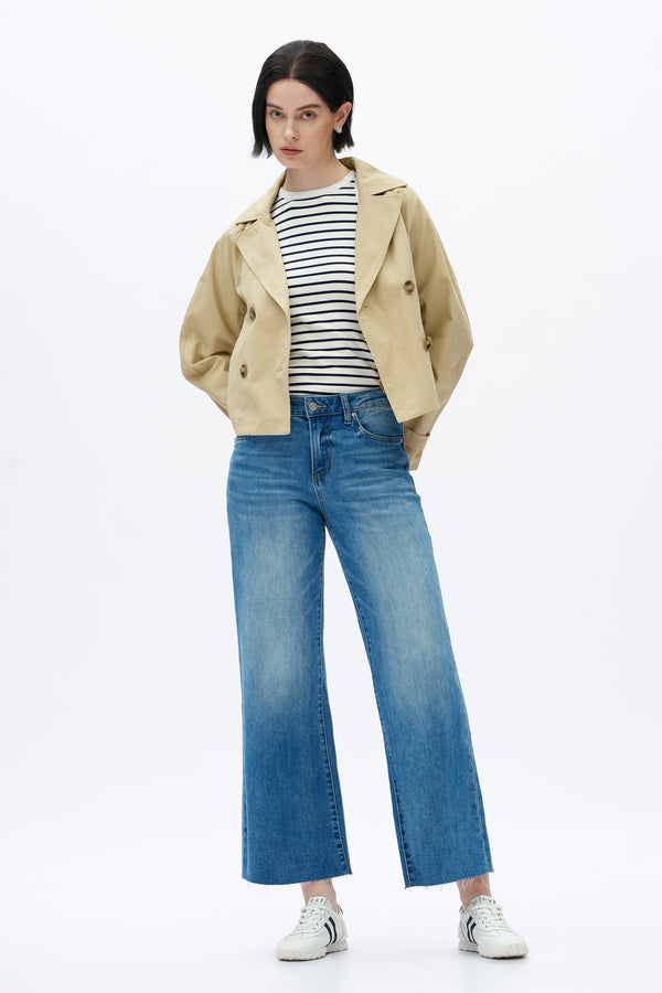 Mid Rise Wide Leg Denim Jeans With Raw Hem