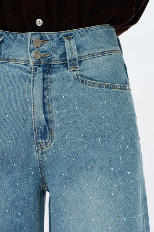 Rhinestone Embellished Wide-Leg Jeans-Wide Leg-BAYEAS