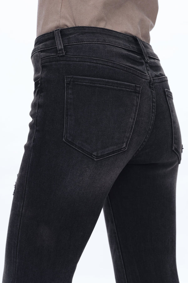 Mid Rise Flare Denim Jeans With Raw Edge Hem-Flare & Bootcut-BAYEAS