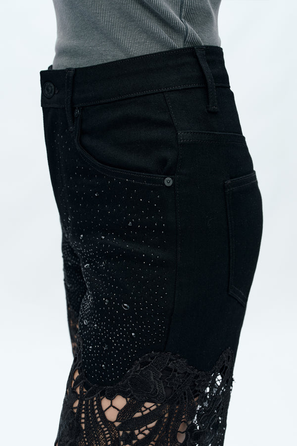 Embroidery High Rise Wide Leg Lace Denim Jeans With Rhinestone (最新版备份)-Wide Leg-BAYEAS