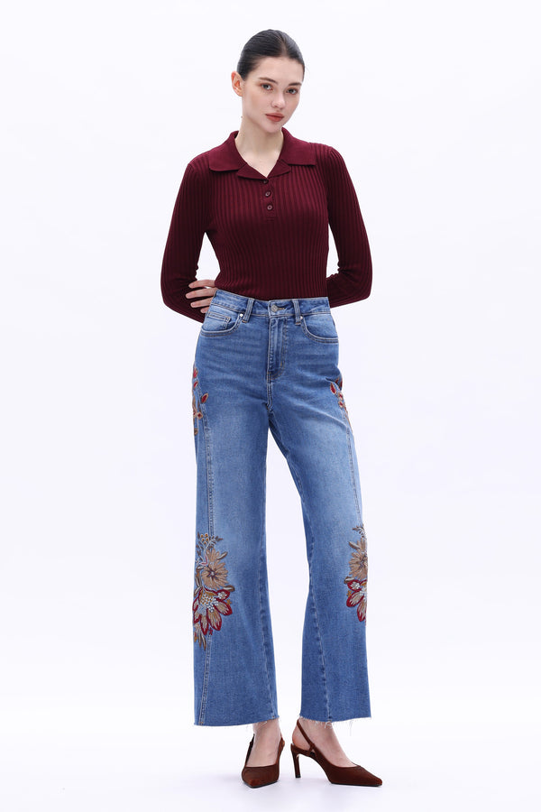 High Rise Embroidered Wide Leg Jeans-Wide Leg-BAYEAS