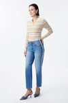 Mid Rise Contrast Panel Straight Leg Jeans
