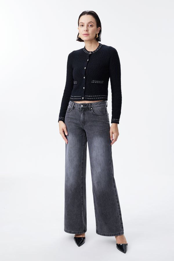 Mid Rise Textured Stripe Wide Leg Jeans