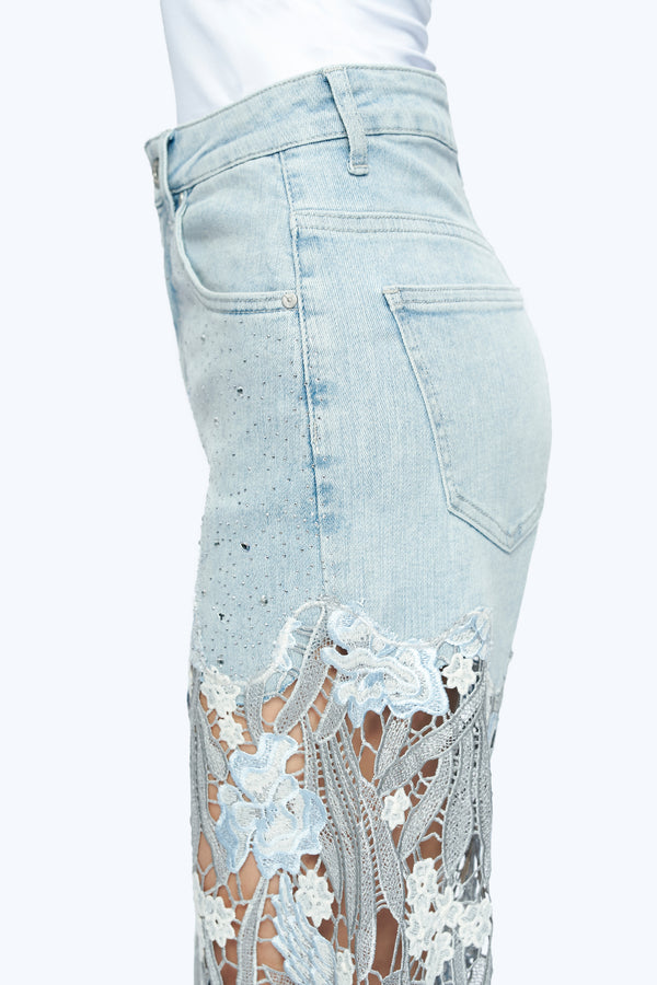 Embroidery Wide Leg Lace Jeans With Rhinestone