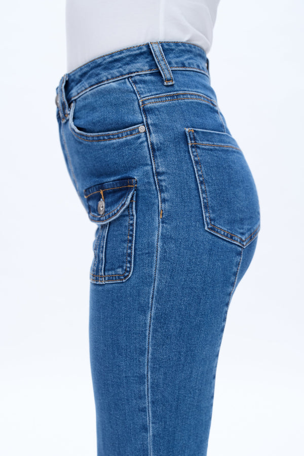 Front Cargo Pockets Flare Jeans-Flare & Bootcut-BAYEAS
