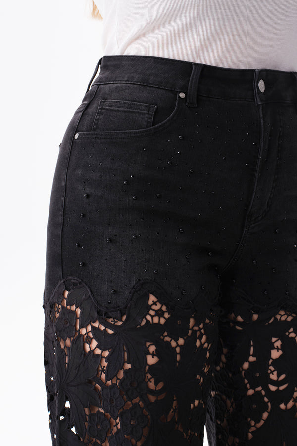 High Rise Floral Embroidered Wide Leg Pants