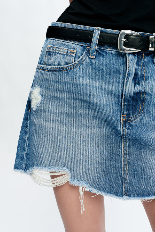 Anna Distressed Mini Denim Skirt-Skirts-BAYEAS