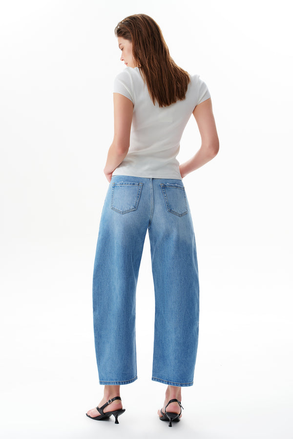 High Rise Cropped Distressed Barrel Leg Jeans