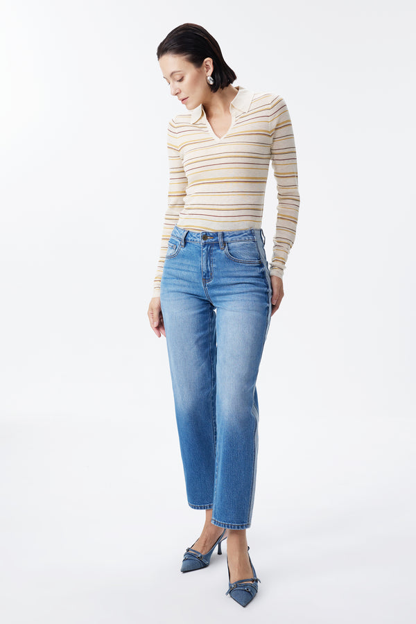 Mid Rise Contrast Panel Straight Leg Jeans