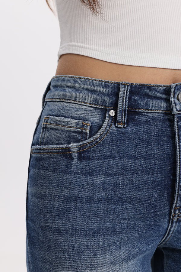 Mid Rise Floral Embroidered Raw Hem Bootcut Jeans