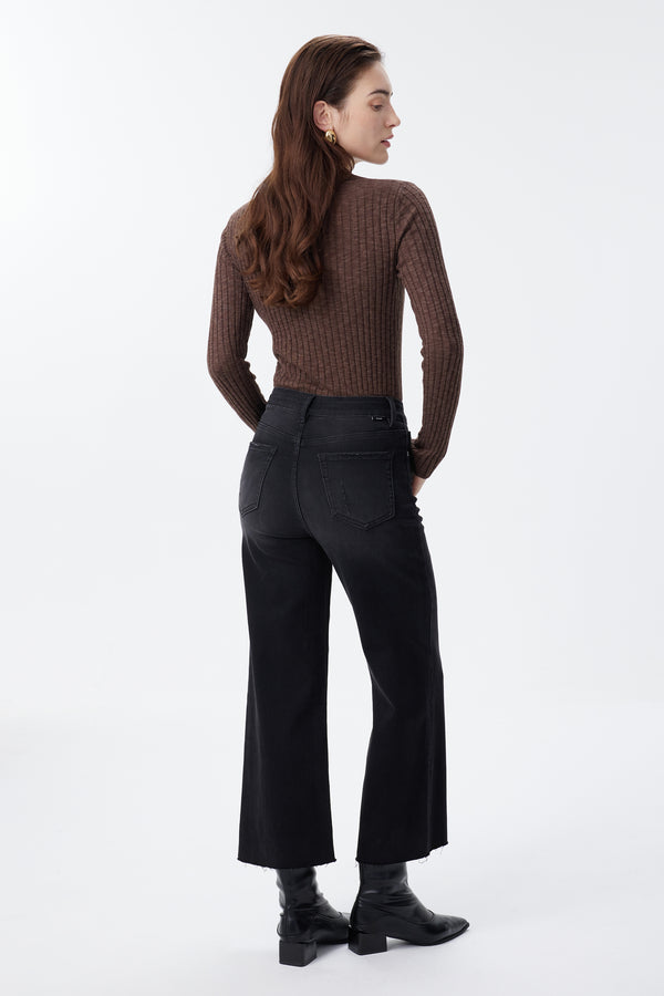 High Rise Cropped Distressed Wide Leg Jeans