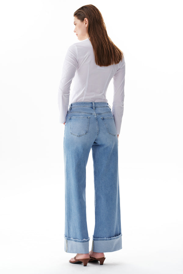 Mid Rise Cuffed Wide Leg Jeans