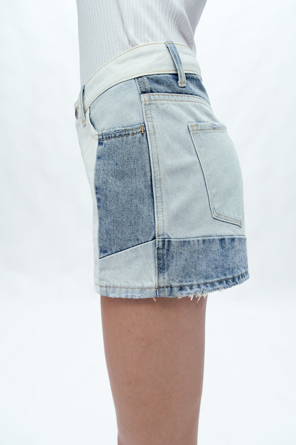Elsa Mid Rise Patchwork Denim Shorts-Shorts-BAYEAS