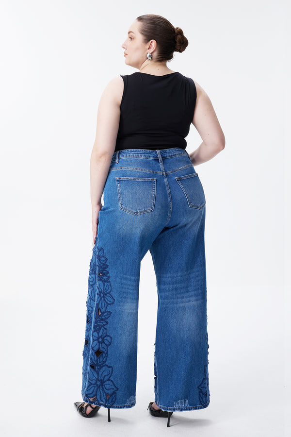 High Rise Embroidered Lace Wide Leg Jeans