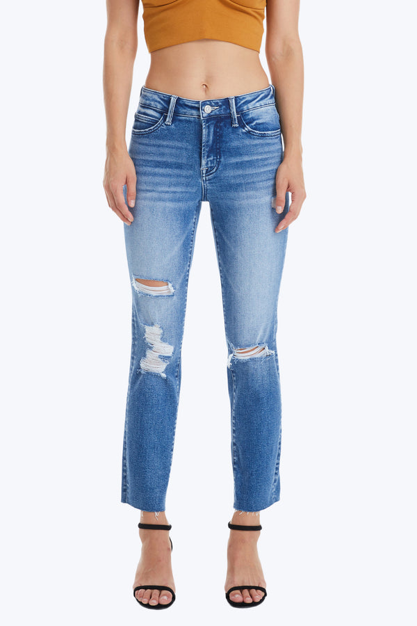 High Rise Cropped Distressed Straight Leg Jeans