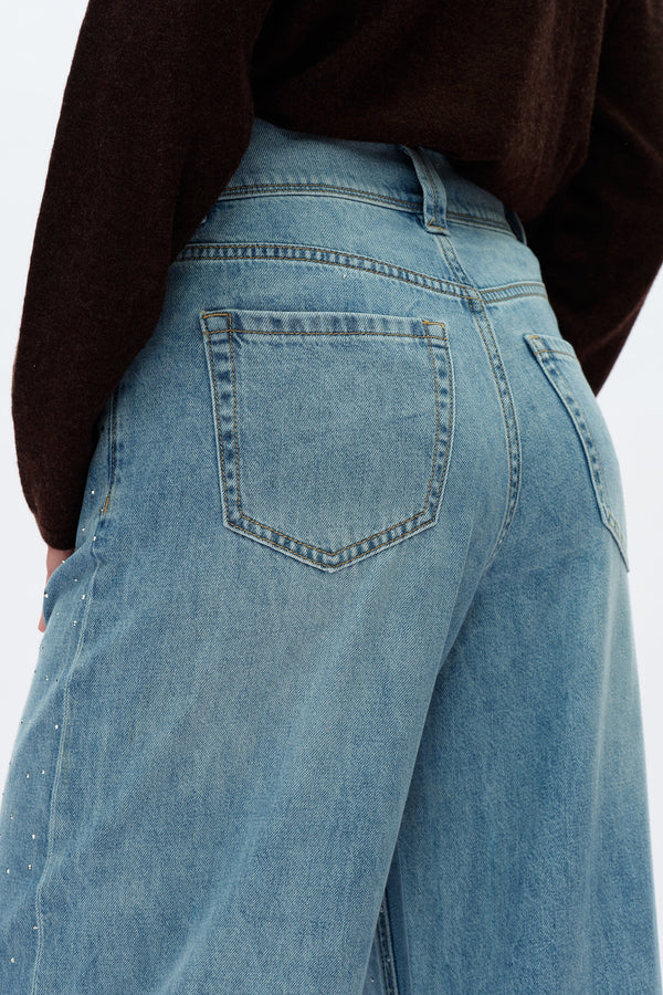 Rhinestone Embellished Wide-Leg Jeans-Wide Leg-BAYEAS