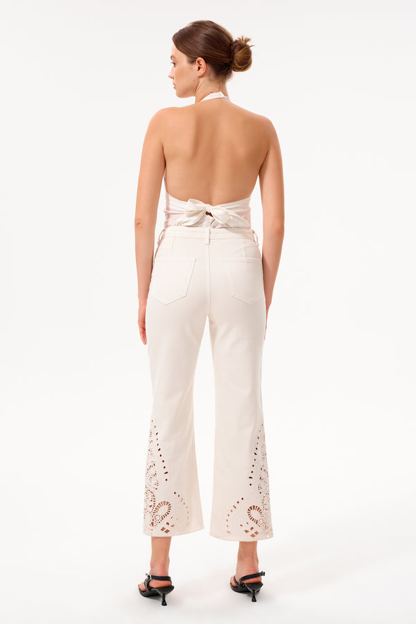 High Rise Ankle Embroidered Lace Straight Leg Pants