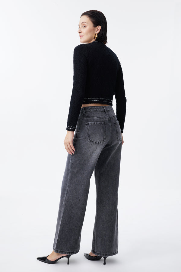 Mid Rise Textured Stripe Wide Leg Jeans