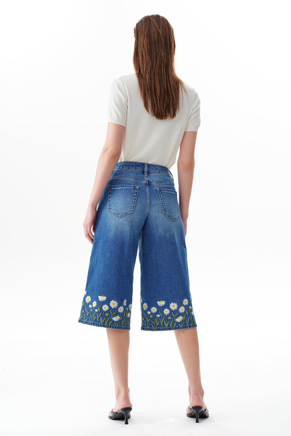Mid Rise Embroidered Denim Bermuda Shorts