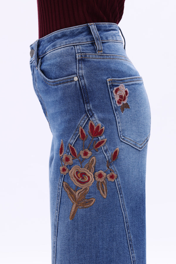 High Rise Embroidered Wide Leg Jeans-Wide Leg-BAYEAS