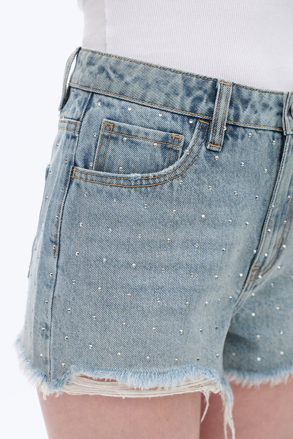Embellished Denim Shorts-Shorts-BAYEAS