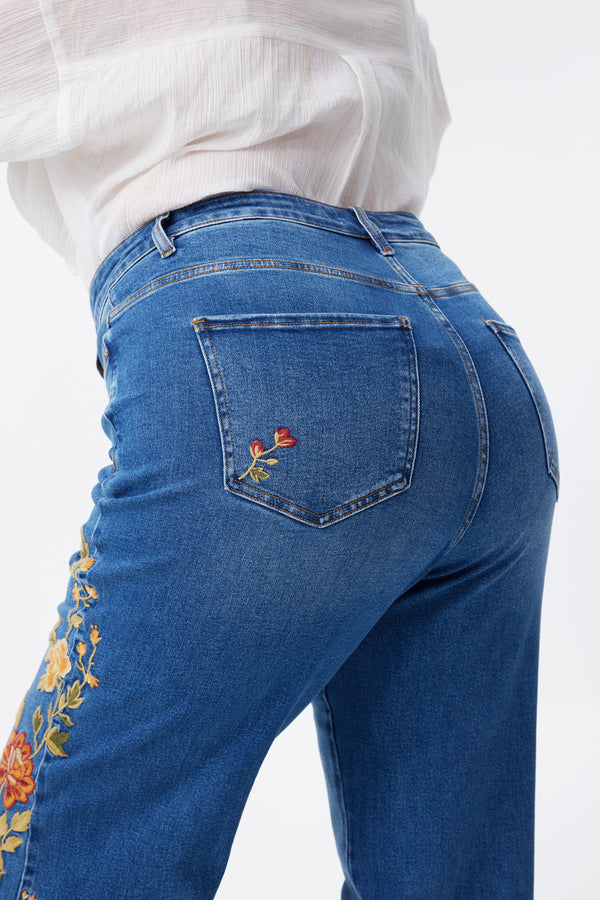 New York High Rise Embroidered Wide Leg Jeans