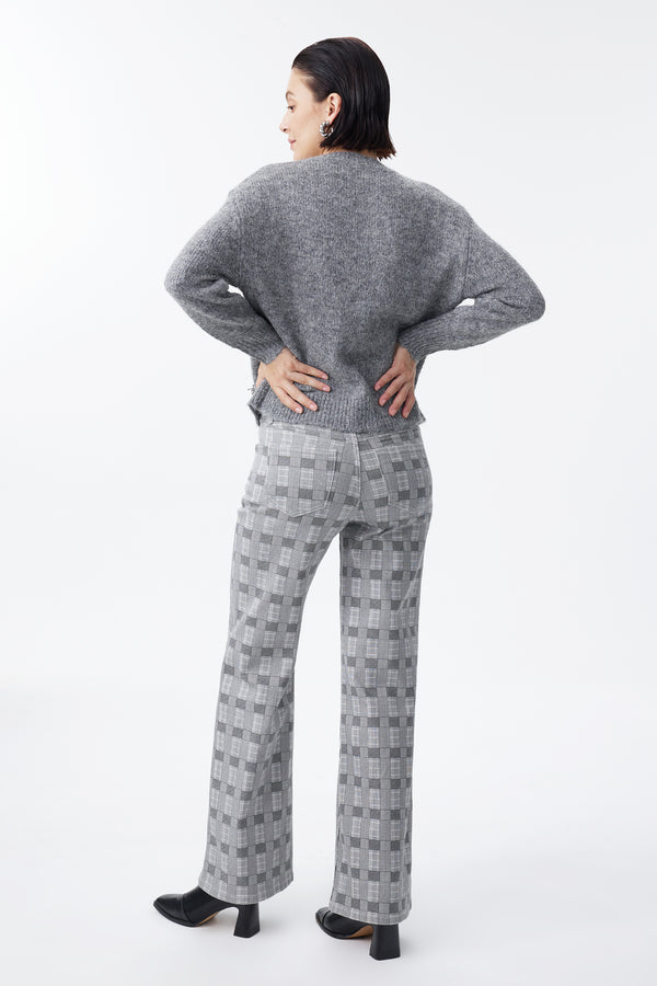 Mid Rise Check Print Wide Leg Pants