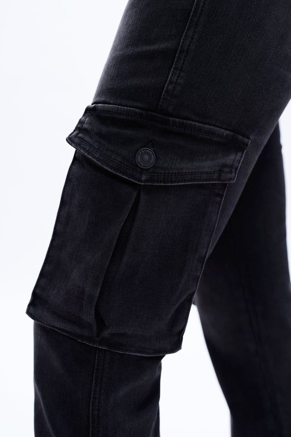 Black Flared Cargo Jeans-Flare & Bootcut-BAYEAS