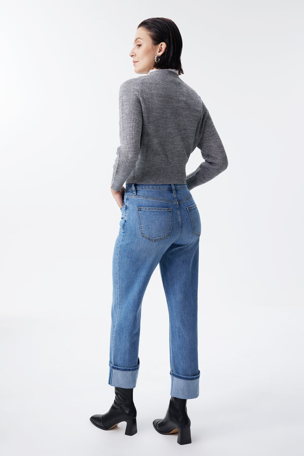 High Rise Relaxed Cuffed Straight Leg Jeans
