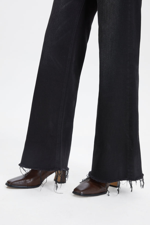 High Rise Wide Leg Denim Jeans With Frayed Hem