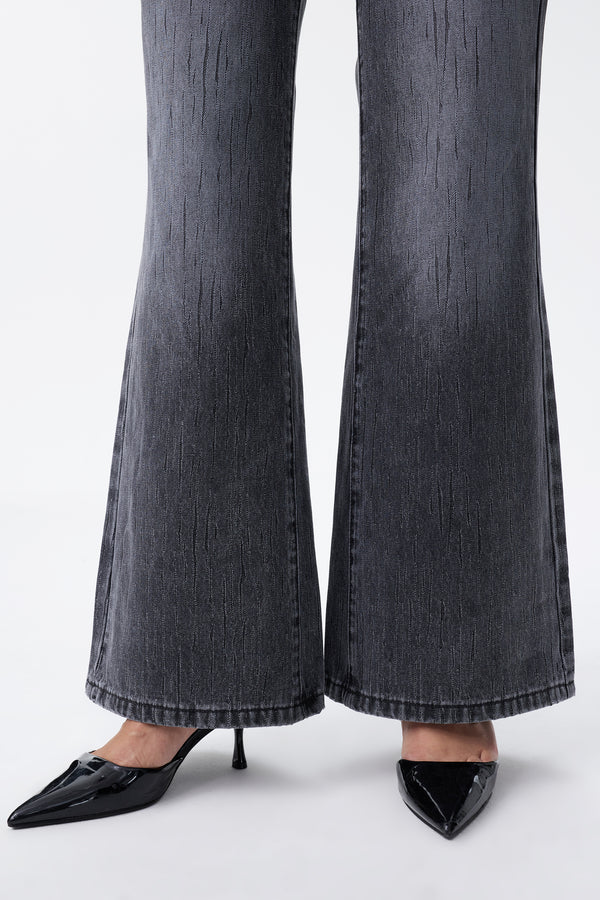 Mid Rise Textured Stripe Wide Leg Jeans