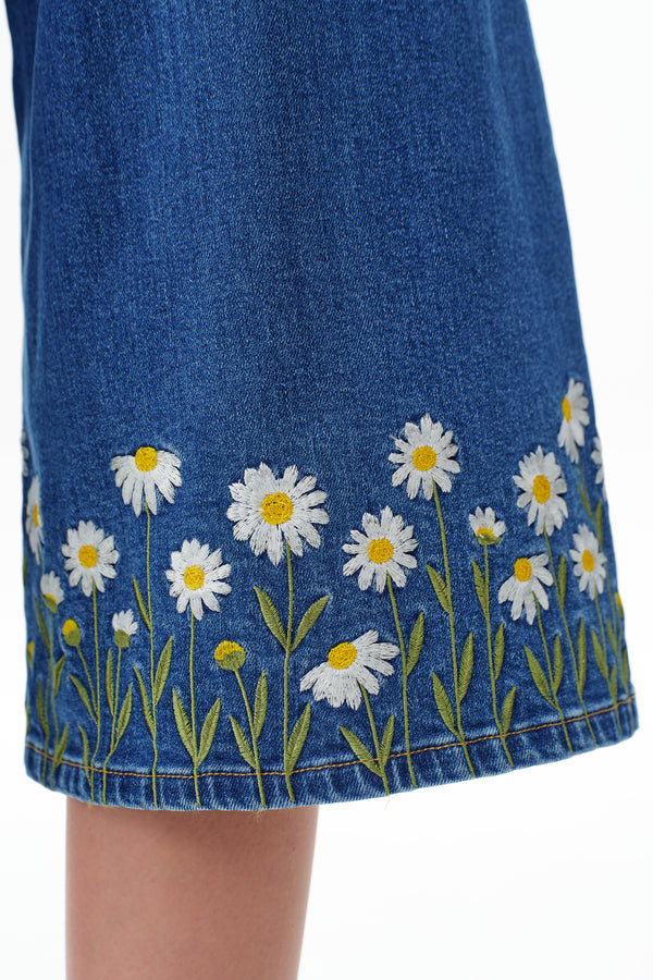 Mid Rise Embroidered Denim Bermuda Shorts