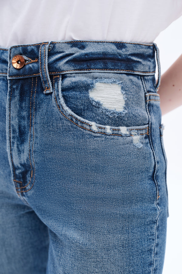 High Rise Straight Denim Jeans With Slit-Straight-BAYEAS