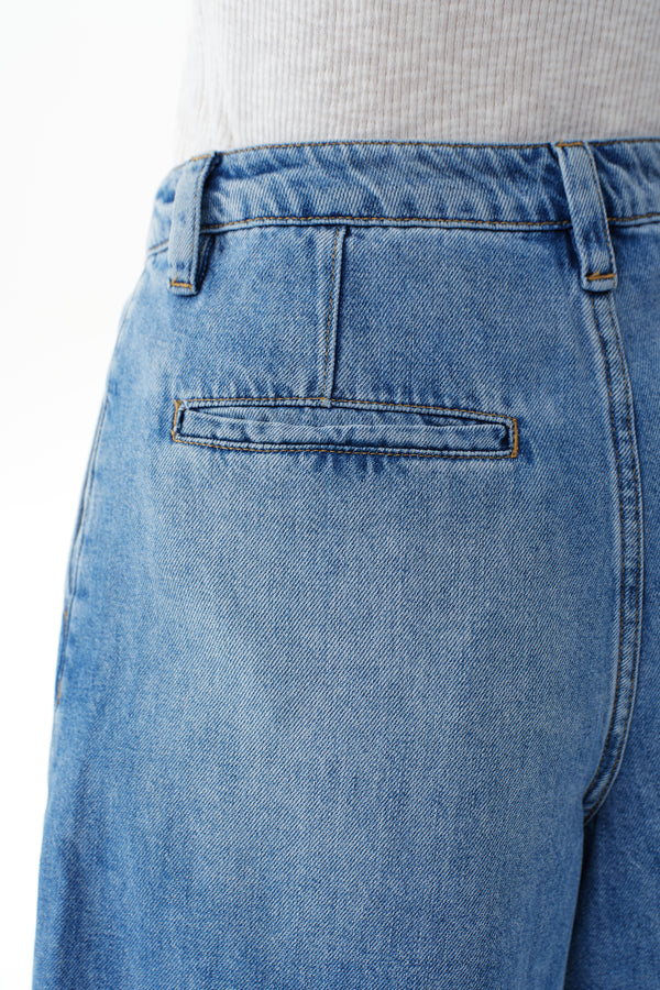 High Rise Pleated Denim Bermuda Shorts
