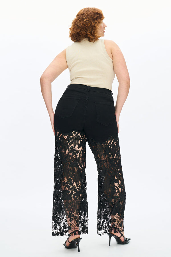 Embroidery High Rise Wide Leg Lace Denim Jeans With Rhinestone (最新版备份)-Wide Leg-BAYEAS