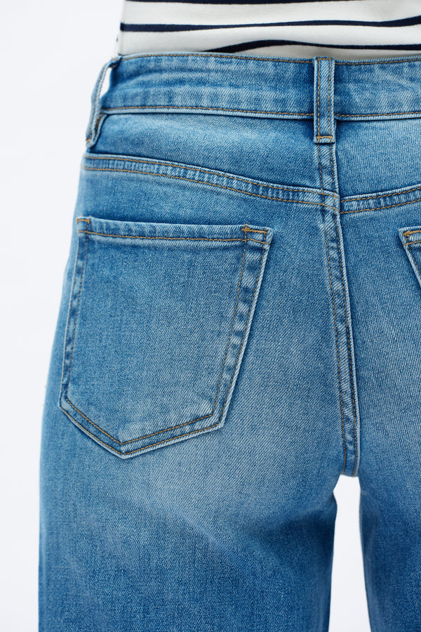 Mid Rise Wide Leg Denim Jeans With Raw Hem