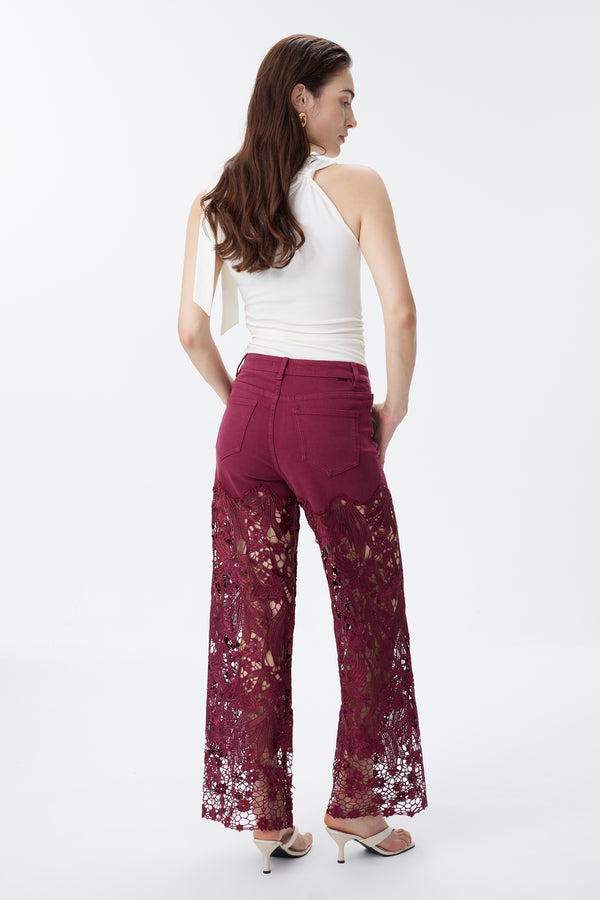 High Rise Ankle Embroidered Lace Wide Leg Jeans