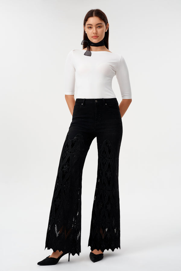High Rise Lace Rhinestone Wide Leg Jeans