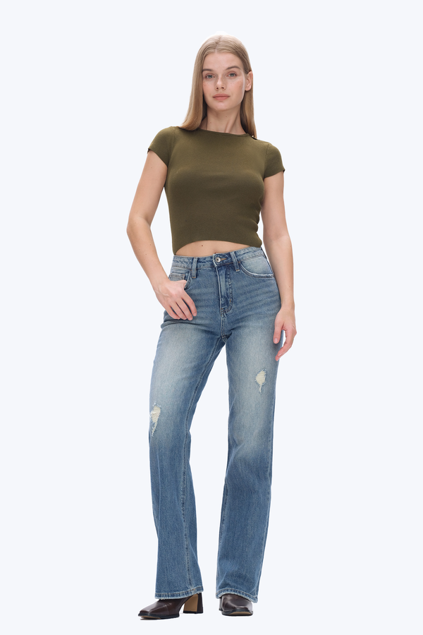 Faded Wash Classic Jeans-Wide Leg-BAYEAS