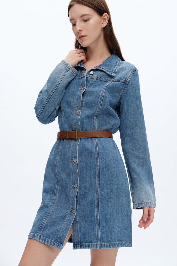Denim Mini Dress With Long Sleeves-Dresses-BAYEAS