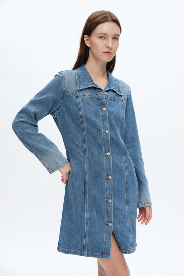 Denim Mini Dress With Long Sleeves-Dresses-BAYEAS