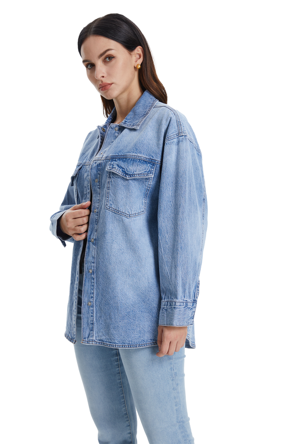 Oversized Denim Shirt Jacket with Faded Wash-Jackets-BAYEAS