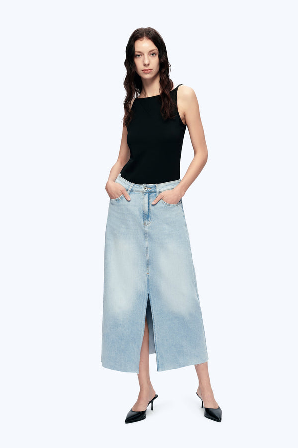 Slit Hem Midi Denim Skirt-Skirts-BAYEAS