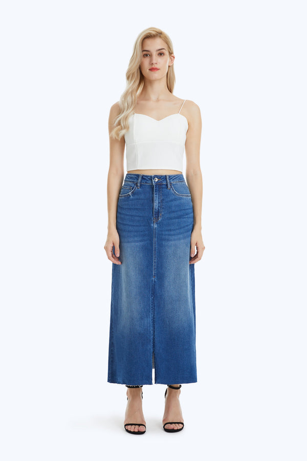 Slit Hem Midi Denim Skirt-Skirts-BAYEAS