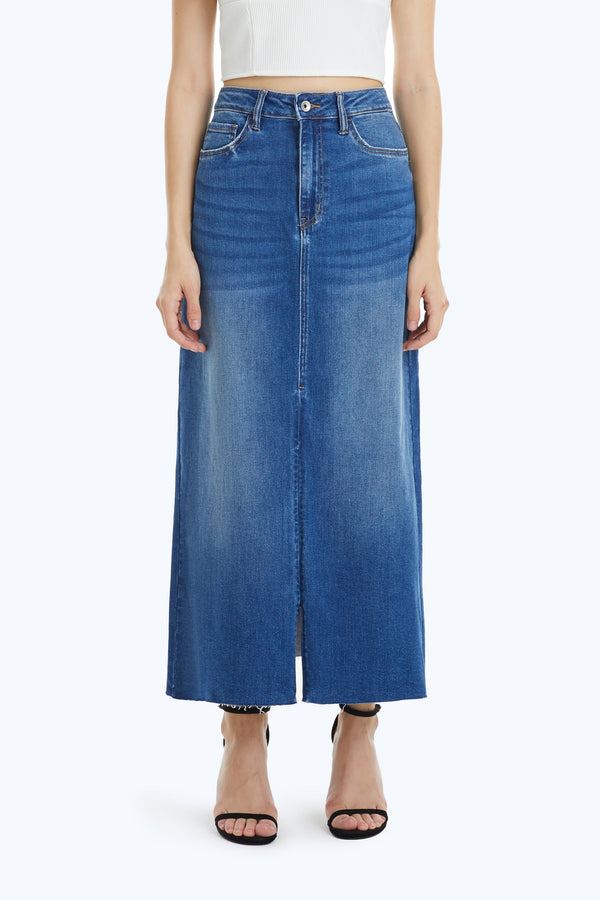 Slit Hem Midi Denim Skirt-Skirts-BAYEAS