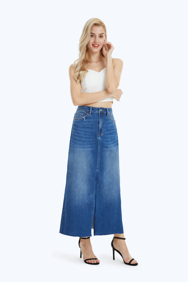 Slit Hem Midi Denim Skirt-Skirts-BAYEAS