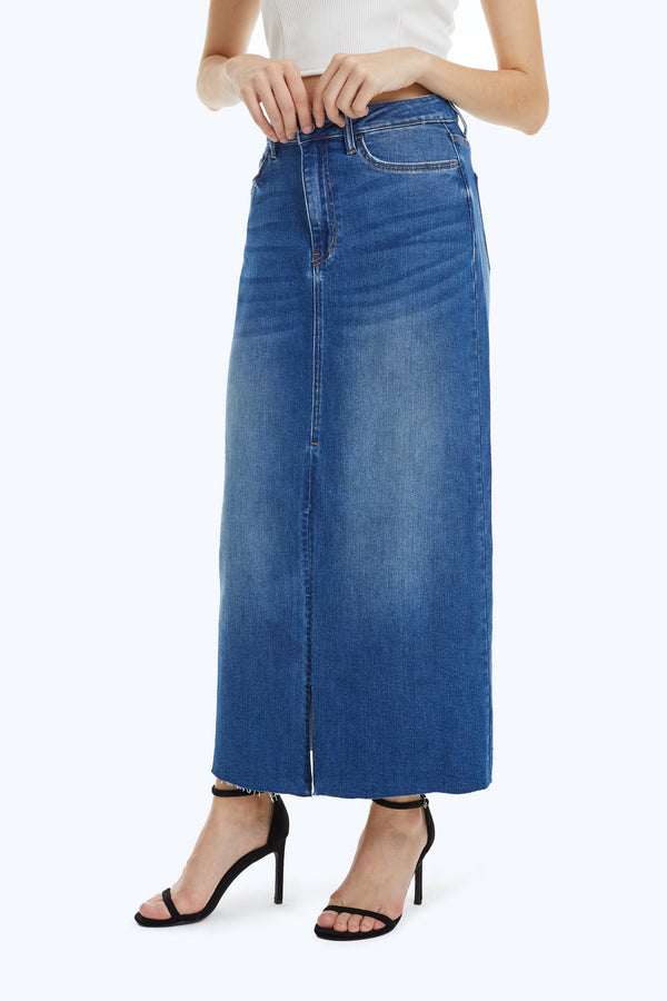 Slit Hem Midi Denim Skirt-Skirts-BAYEAS