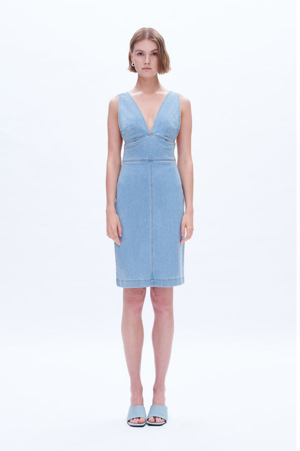 Rhinestone Denim Midi Dress-Dresses-BAYEAS