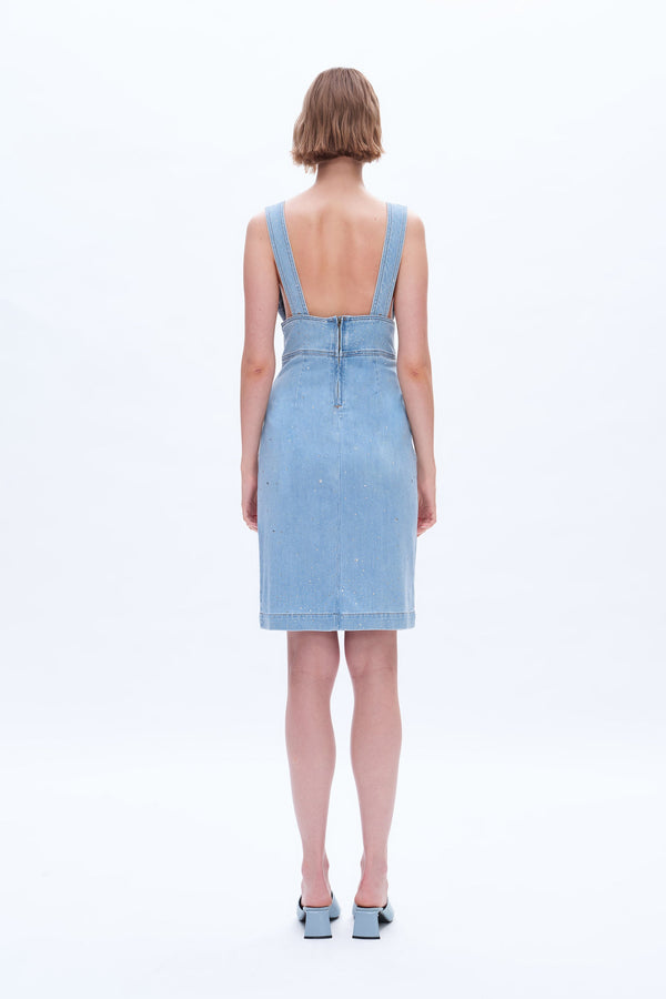 Rhinestone Denim Midi Dress-Dresses-BAYEAS
