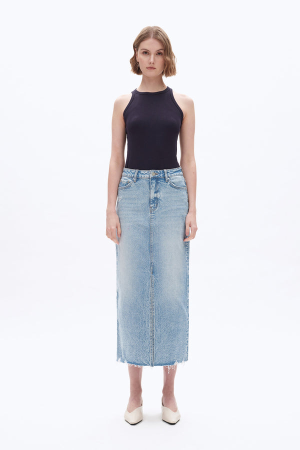 Front Slit Midi Denim Skirt-Skirts-BAYEAS
